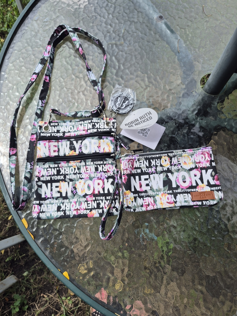 Robin Ruth Black Floral New York Crossbody and Card Holder Set